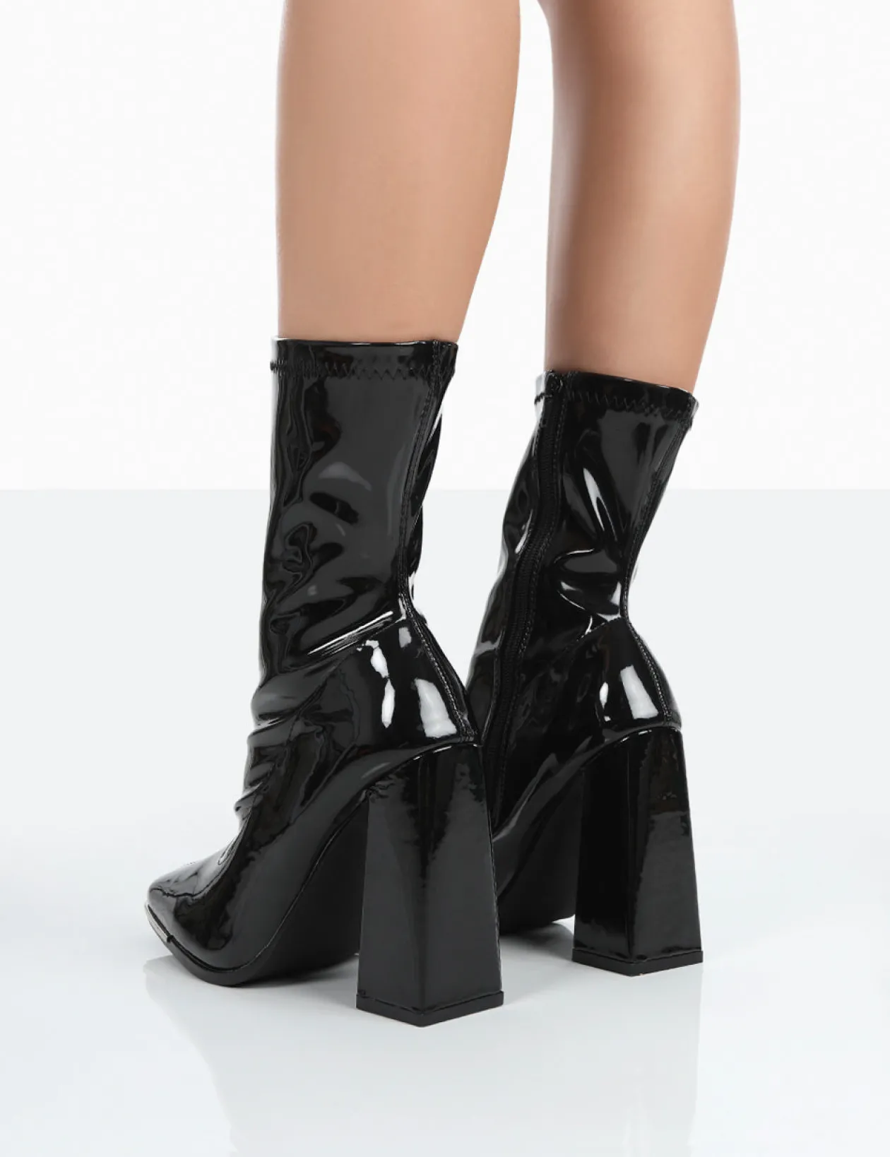 Public Desire Liberty Wide Fit Patent Sock Block Heeled Ankle Boots | Women Wide Fit Ankle Boots