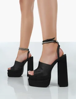 Public Desire Lilibet Satin Diamante Lace Up Strappy Open Toe Statement Platform Block Heels | Women Lace Up Heels
