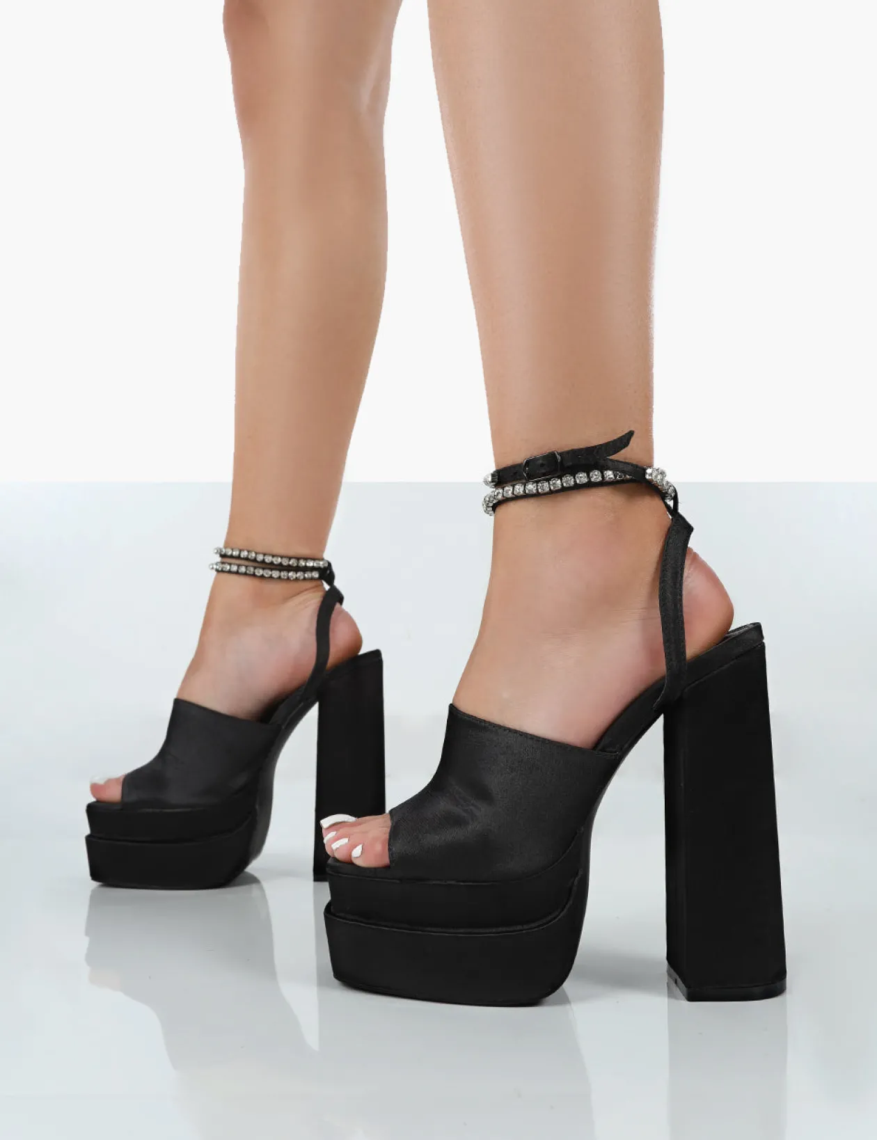Public Desire Lilibet Satin Diamante Lace Up Strappy Open Toe Statement Platform Block Heels | Women Lace Up Heels