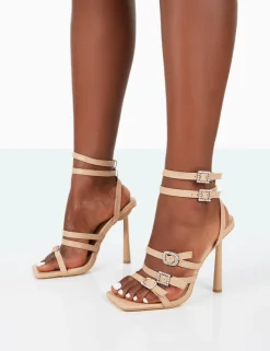 Public Desire Lindsey Pu Strappy Square Toe Stiletto Heels | Women Stilettos