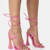 Public Desire Lizzy Pu Lace Up Square Toe Curved High Block Heels | Women Square Toe Heels