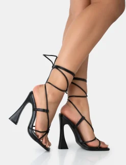 Public Desire Lizzy Pu Lace Up Square Toe Curved High Block Heels | Women Square Toe Heels