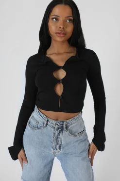 Public Desire Long Sleeve Button Detail Crop Top | Women Tops