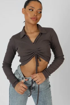 Public Desire Long Sleeve Collar Ruched Top | Women Tops