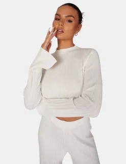 Public Desire Long Sleeve High Neck Ribbed Knitted Crop Top | Women Knitwear