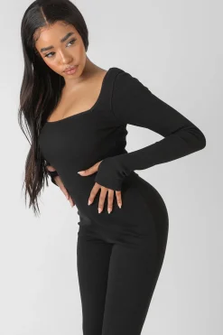 Public Desire Long Sleeve Square Neck Ribbed Jumpsuit | Women Jumpsuits & Playsuits