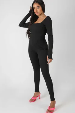 Public Desire Long Sleeve Square Neck Ribbed Jumpsuit | Women Jumpsuits & Playsuits