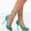 Public Desire Longshot Blue Sparkly Diamante Wrap Around Mesh Heels | Women Lace Up Heels