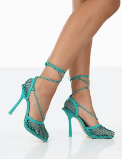 Public Desire Longshot Blue Sparkly Diamante Wrap Around Mesh Heels | Women Lace Up Heels