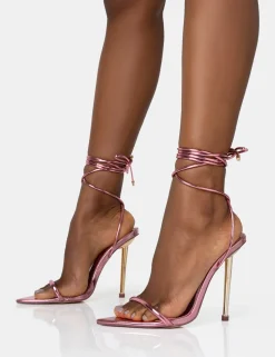 Public Desire Look Back Metallic Pointed Toe Lace Up Gold Stiletto Heels | Women Barely There Heels