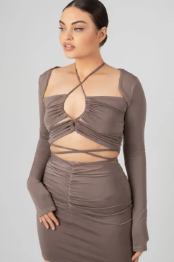 Public Desire Loop Ruching Slinky Long Sleeved Top Mink | Women Tops