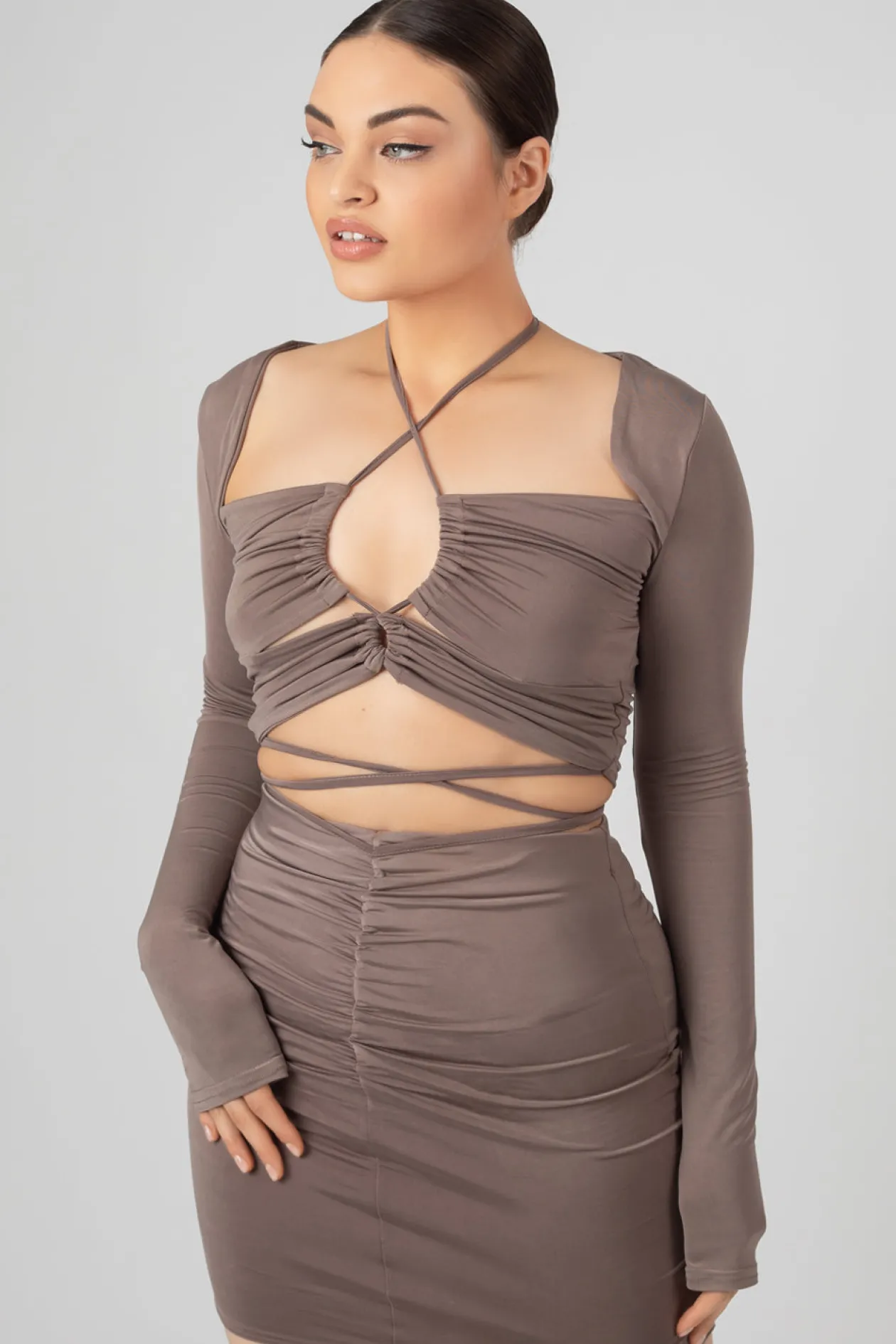 Public Desire Loop Ruching Slinky Long Sleeved Top Mink | Women Tops