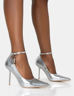 Public Desire Lotty Metallic Padlock Ankle Detail Court Stiletto Heels | Women Court Heels