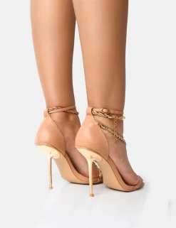 Public Desire Loyal Pu Chain Detail Square Toe Gold Stiletto Heels | Women Stilettos