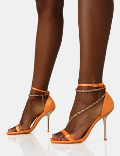 Public Desire Loyal Satin Chain Detail Square Toe Gold Stiletto Heels | Women Stilettos
