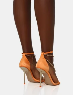Public Desire Loyal Satin Chain Detail Square Toe Gold Stiletto Heels | Women Stilettos
