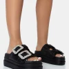 Public Desire Lozzy Pu Diamante Buckle Double Strap Platform Slider Sandals | Women Black Sandals