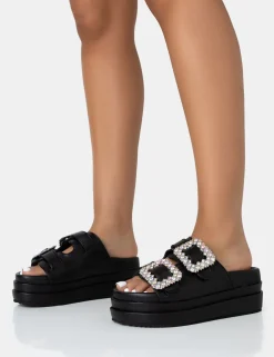 Public Desire Lozzy Pu Diamante Buckle Double Strap Platform Slider Sandals | Women Black Sandals