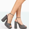 Public Desire Lyle Black Geometric Satin Square Toe Block Platform High Heels | Women Platform Heels