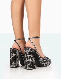Public Desire Lyle Black Geometric Satin Square Toe Block Platform High Heels | Women Platform Heels