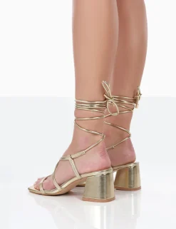 Public Desire Mabel Metallic Ankle Tie Block Heeled Sandals | Women Sandals