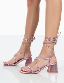Public Desire Mabel Metallic Ankle Tie Block Heeled Sandals | Women Sandals