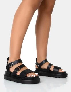Public Desire Macy Pu Chunky Buckle Strap Sandals | Women Black Sandals