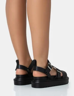 Public Desire Macy Pu Chunky Buckle Strap Sandals | Women Black Sandals