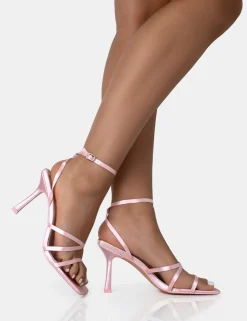 Public Desire Mademoiselle Baby Satin Strappy Square Toe Mid Stiletto Heels | Women Square Toe Heels