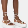 Public Desire Malia Pu Diamante Strap Lace Up Chunky Platform Sandals | Women White Sandals