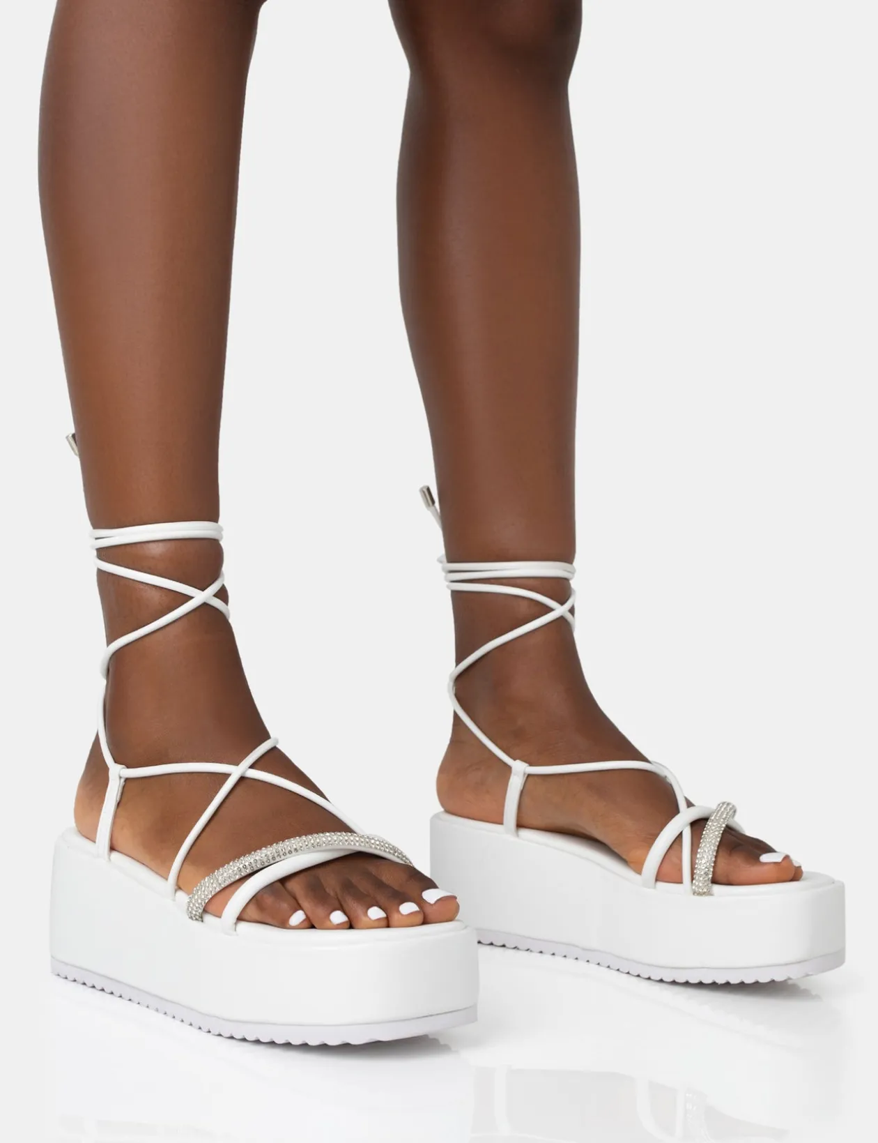 Public Desire Malia Pu Diamante Strap Lace Up Chunky Platform Sandals | Women White Sandals