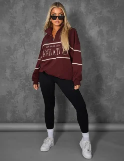 Public Desire Manhattan Slogan Half Zip Pullover Sweatshirt Burgundy | Women Sweatshirt & Hoodies