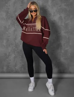Public Desire Manhattan Slogan Half Zip Pullover Sweatshirt Burgundy | Women Sweatshirt & Hoodies