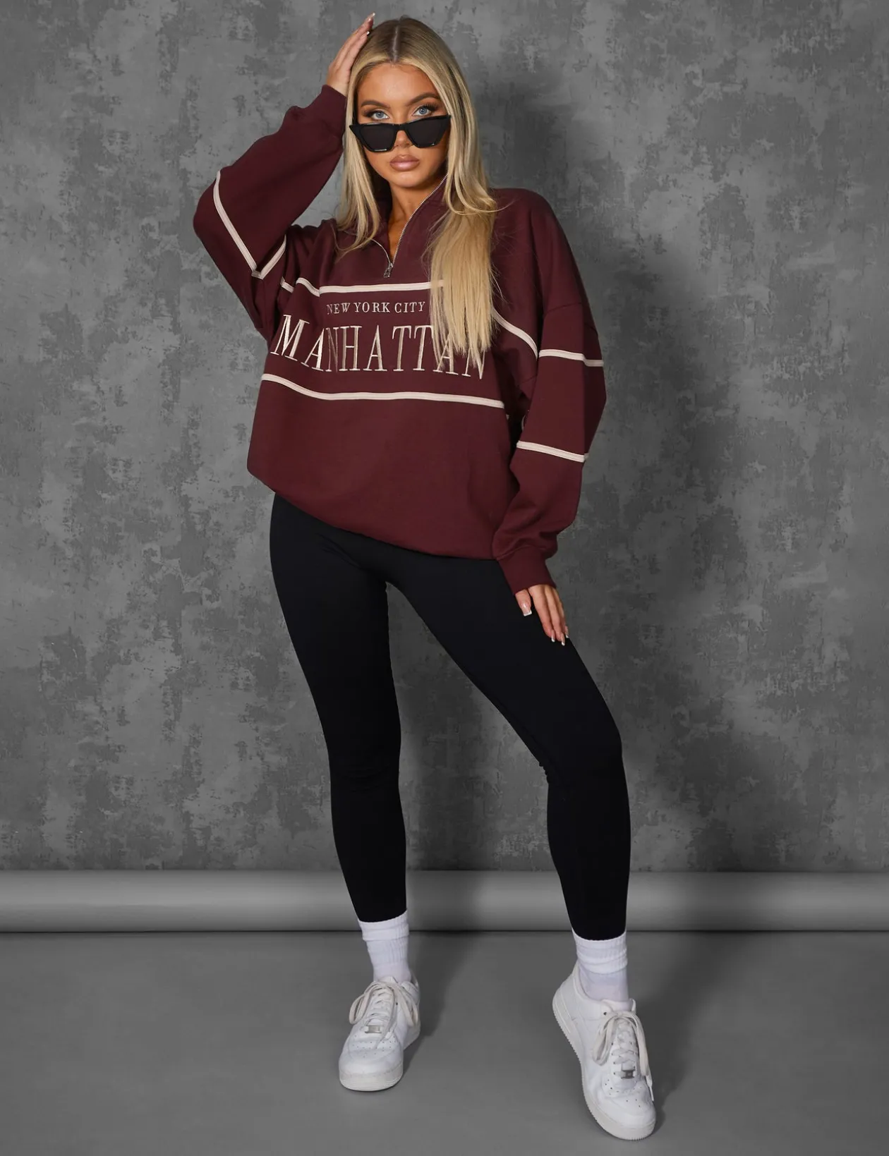 Public Desire Manhattan Slogan Half Zip Pullover Sweatshirt Burgundy | Women Sweatshirt & Hoodies