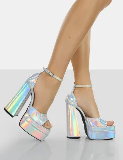 Public Desire Mercy Holographic Strappy Square Toe Platform High Block Heels | Women Heeled Mules