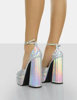 Public Desire Mercy Holographic Strappy Square Toe Platform High Block Heels | Women Heeled Mules