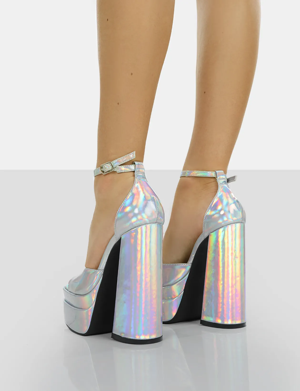 Public Desire Mercy Holographic Strappy Square Toe Platform High Block Heels | Women Heeled Mules