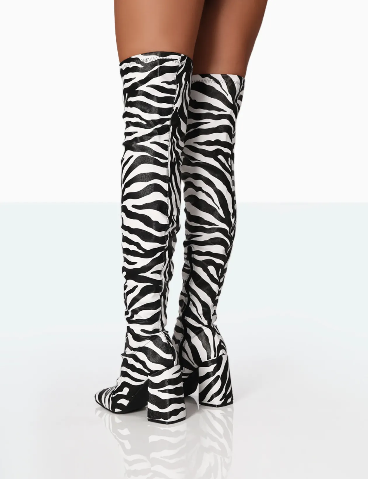 Public Desire Meridian Zebra Grain Pu Block Heel Over The Knee High Boots | Women Knee High Boots