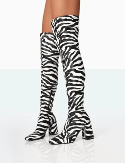 Public Desire Meridian Zebra Grain Pu Block Heel Over The Knee High Boots | Women Knee High Boots