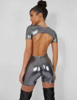 Public Desire Metallic Open Back Detail Short Sleeve Unitard Playsuit | Women Jumpsuits & Playsuits