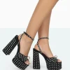 Public Desire Mia Black Satin Pearl Open Toe Block Platform Heels | Women Platform Heels