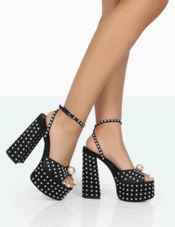 Public Desire Mia Black Satin Pearl Open Toe Block Platform Heels | Women Platform Heels