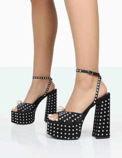 Public Desire Mia Black Satin Pearl Open Toe Block Platform Heels | Women Platform Heels