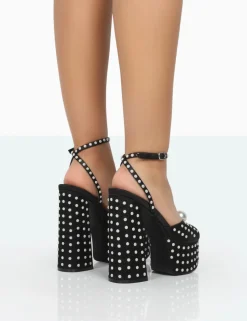 Public Desire Mia Black Satin Pearl Open Toe Block Platform Heels | Women Platform Heels