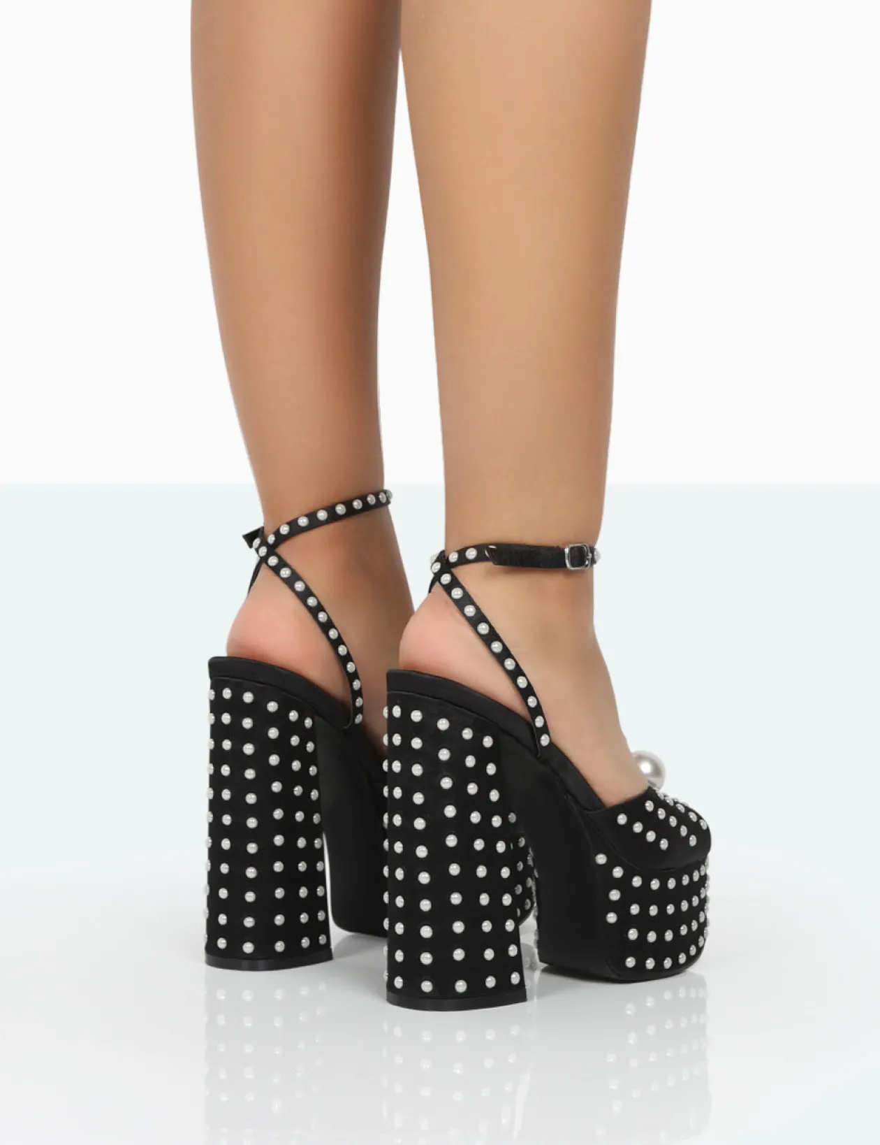 Public Desire Mia Black Satin Pearl Open Toe Block Platform Heels | Women Platform Heels