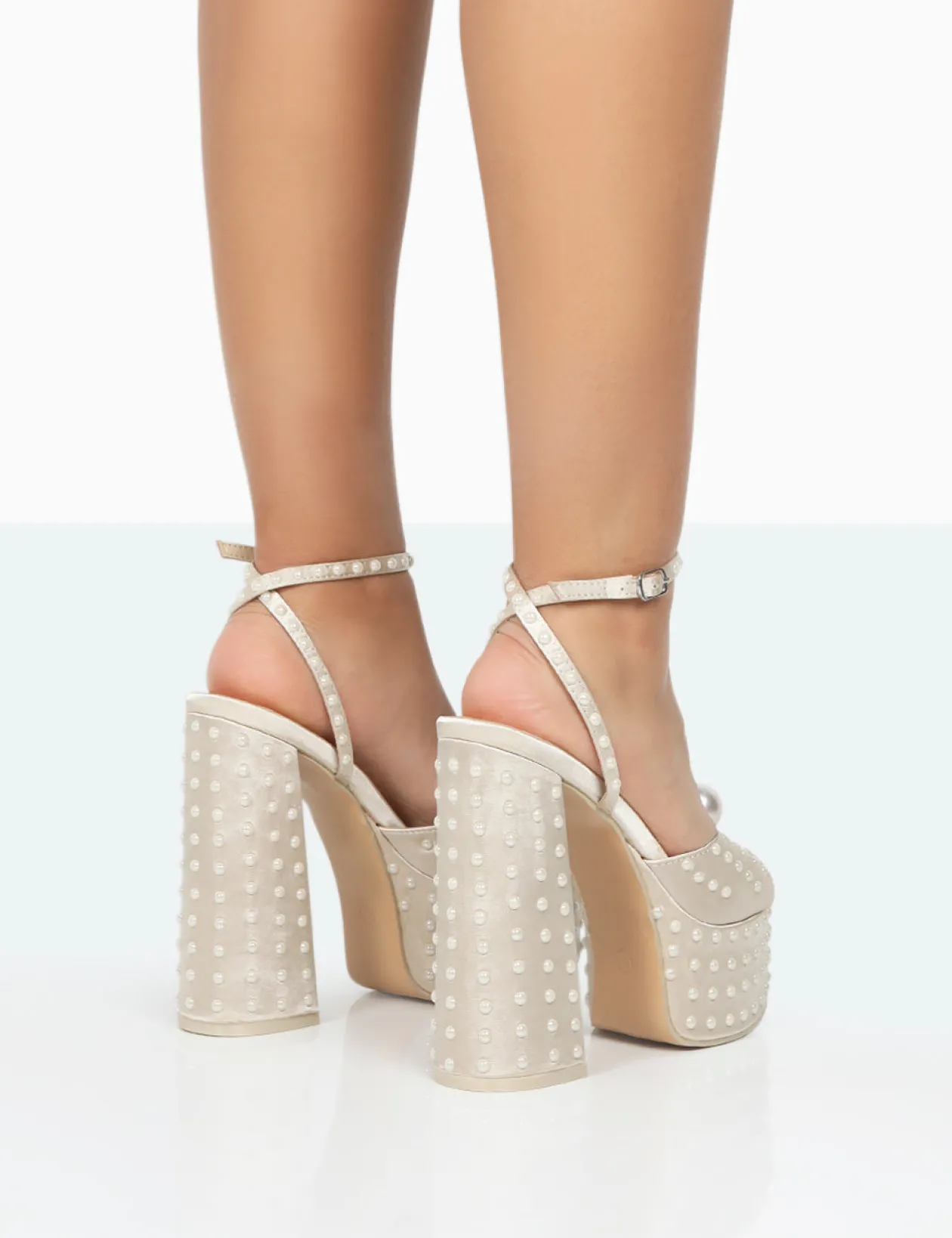 Public Desire Mia Ecru Satin Pearl Open Toe Block Platform Heels | Women Platform Heels