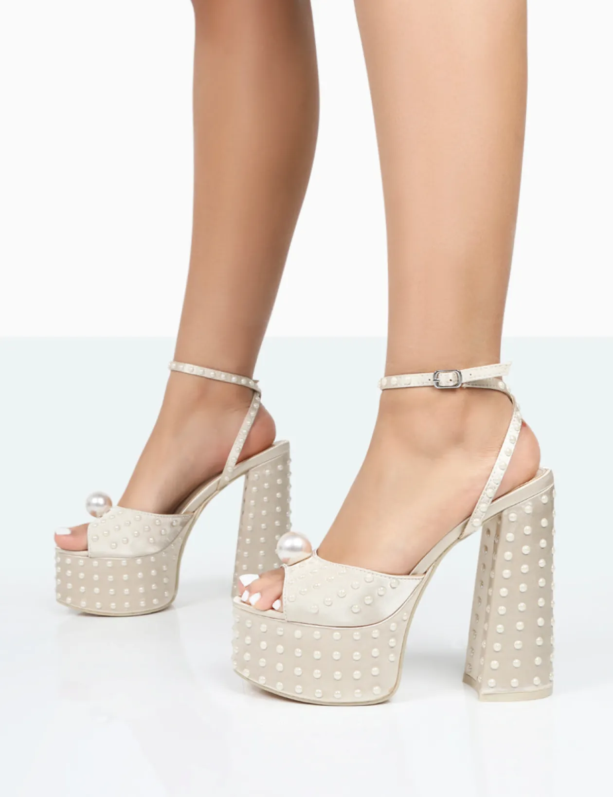 Public Desire Mia Ecru Satin Pearl Open Toe Block Platform Heels | Women Platform Heels