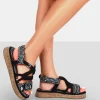 Public Desire Miami Wide Fit Printed Rope Flatform Lace Up Sandals | Women Black Sandals