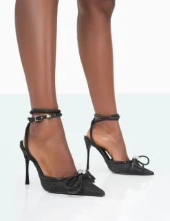 Public Desire Midnight Glitter Wrap Around Diamante Bow Pointed Toe High Heel | Women Court Heels