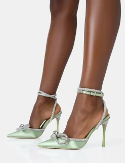 Public Desire Midnight Sage Satin Wrap Around Diamante Bow Pointed Toe High Heels | Women Court Heels